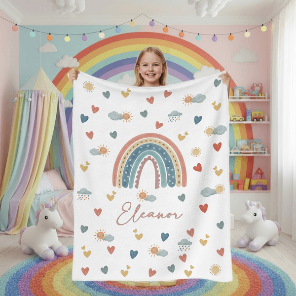 Personalized Heart Cloud Smiling Sun Rainbow Soft Throw Blanket with Name, Home Decor, Christmas/Birthday Gift for Kids