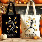 Personalized Candy-Corn Pumpkin Lollipop Skeleton Reusable Tote Bag with Name Trick or Treat Halloween Party Gift for Kids Friends Family