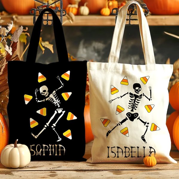Personalized Candy-Corn Pumpkin Lollipop Skeleton Reusable Tote Bag with Name Trick or Treat Halloween Party Gift for Kids Friends Family