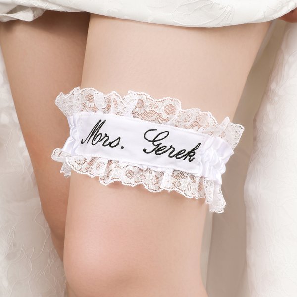 Personalised Multicolour Embroidered Lace Bow Wedding Garter with Text Wedding Bridal Shower Gift for Bride