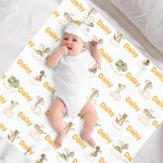 Personalised Cute Dinosaur 100% Cotton Soft Swaddle Blanket and Knot Hat Set with Name Daily Use Baby Shower Birthday Gift for Newborns