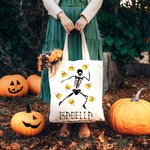 Personalized Candy-Corn Pumpkin Lollipop Skeleton Reusable Tote Bag with Name Trick or Treat Halloween Party Gift for Kids Friends Family