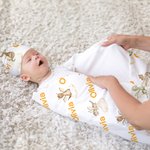 Personalised Cute Dinosaur 100% Cotton Soft Swaddle Blanket and Knot Hat Set with Name Daily Use Baby Shower Birthday Gift for Newborns