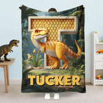 Personalised 3D Dinosaur Multicolour Soft Throw Blanket with Initial and Name Home Decor Christmas Gift for Kids