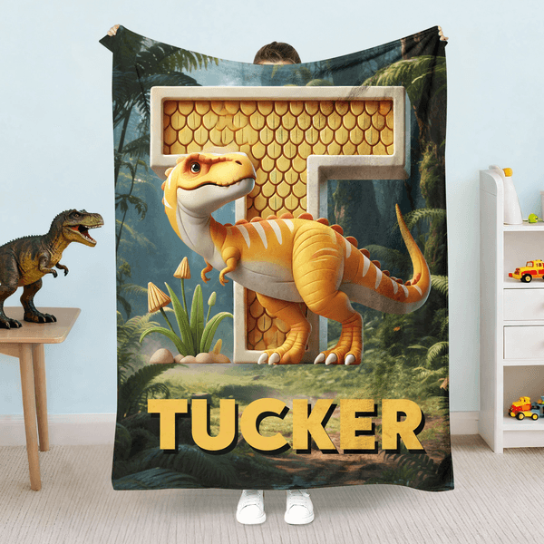 Gepersonaliseerde 3D Dinosaurus Multicolor Zachte Deken met Initiaal en Naam Home Decor Kerstcadeau voor Kinderen