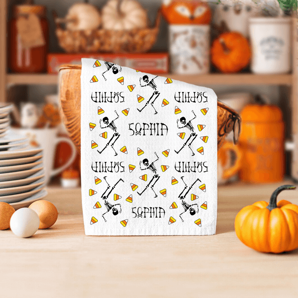 Gepersonaliseerde Multicolor Skelet Pompoen Zachte Wafel Theedoek met Naam Keuken Decor Halloween Cadeau voor Familie Vrienden