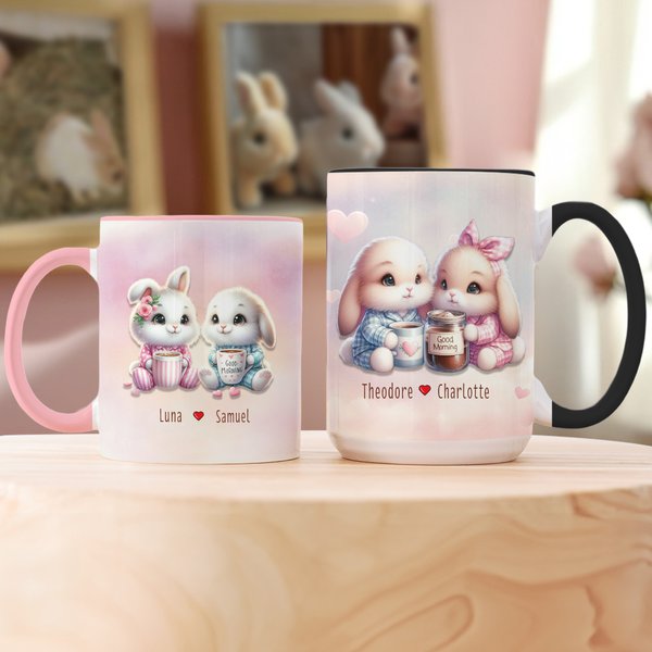 Personalised Dreamy Rabbit Couple Ceramic Mug with Names and Coaster Valentine's Day Anniversary Christmas Gift for Couples