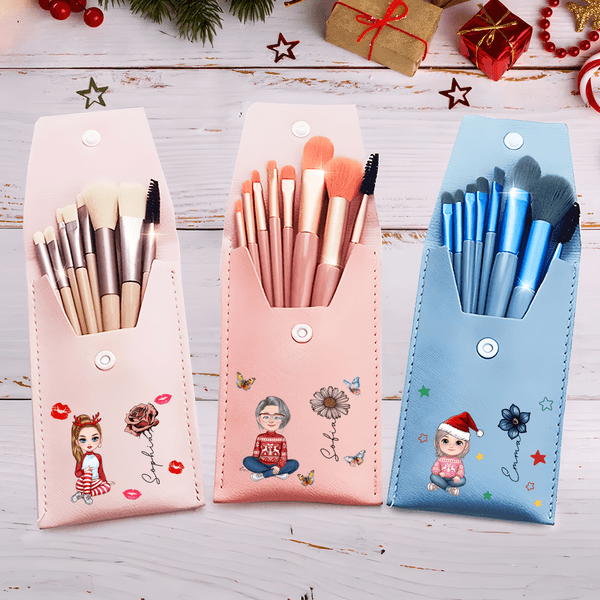 Personalised Cartoon Character Birth Flower PU Leather Makeup Brush Bag Set with Name and 8 Pcs Makeup Brushes Birthday Gift for Girls Women