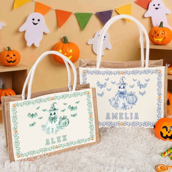 Personalisierte Fledermaus Kürbis Geist Toile De Joey große Jute Tragetasche mit Namen Trick oder behandeln Halloween Party Geschenk für Kinder Frauen