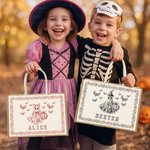 Personalized Bat Pumpkin Ghost Toile De Joey Large Jute Tote Bag with Name Trick or Treat Halloween Party Gift for Kids Women