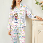 Personalized Cartoon Character Bible Word Cloud Ladies Pajamas Set with Name Daily Use Baptism Anniversary Birthday Gift for Christian Woman