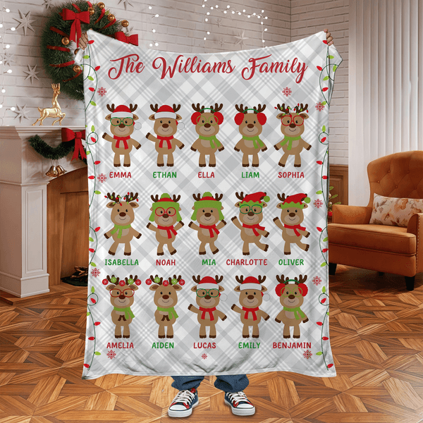 Personalized Cute Reindeer Plush Soft Throw Blanket with 1-15 Names and Text, Home Decor, Birthday/Christmas Gift for Kids/Family/Friend