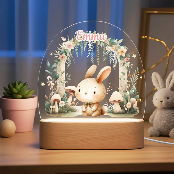 Personalized Cute Forest Animal Acrylic LED Night Light with Name and Wooden Base Nursery Decor Baby Shower Birthday Gift for Boys Girls