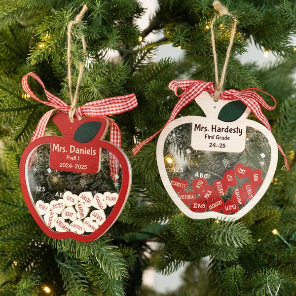 Personalised Apple Flat Shaker 1-35 Heart Names Acrylic Ornament with Year and Title Appreciation Birthday Christmas Gift for Teachers