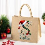 Henkilökohtainen Holly Santa Hat Initial Jute Kangaskassi nimi päivittäiseen käyttöön joululahja perheelle ystävät