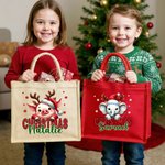 Personalised Christmas Santa Hat Cute Animal Large Jute Tote Bag with Name Daily Use Christmas Party Gift for Family Friends