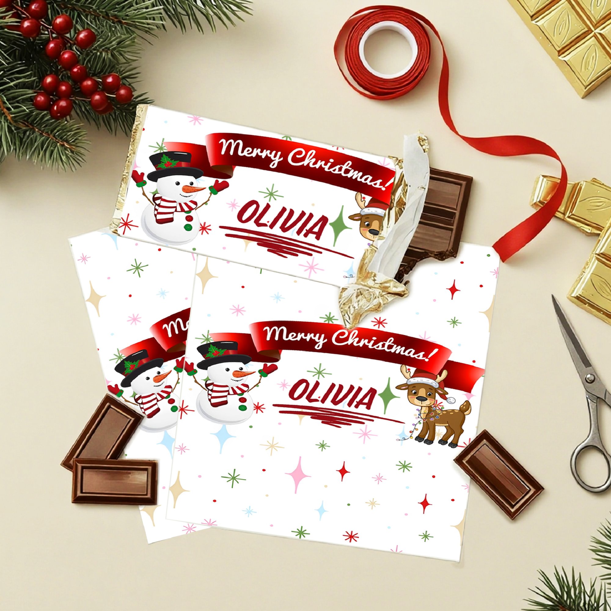 Emballage de tablettes de Noël personnalisé avec nom Père Noël cerf Emballage de chocolat de Noël Cadeau pour la famille Enfants