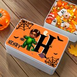 Personalized Halloween 3D Cartoon Character Multicolor Biscuit Storage Tin with Initial and Name Trick or Treat Halloween Party Gift for Boys Girls