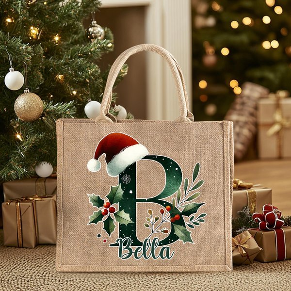 Personalised Holly Santa Hat Initial Jute Tote Bag with Name Daily Use Christmas Gift for Family Friends