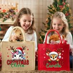 Personalised Christmas Santa Hat Cute Animal Large Jute Tote Bag with Name Daily Use Christmas Party Gift for Family Friends