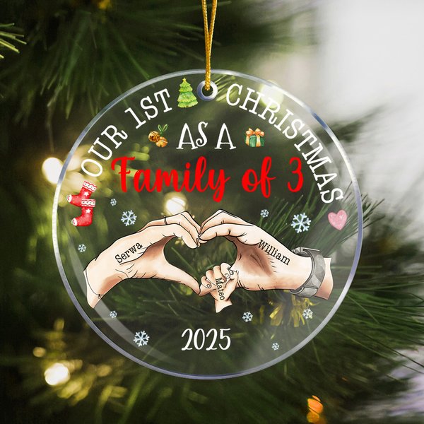 Personalisierte unsere 1. Weihnachten als Familie herzförmige Holding Hands Acryl Ornament mit Namen Weihnachtsbaumschmuck Geschenk für Familie Neugeborene