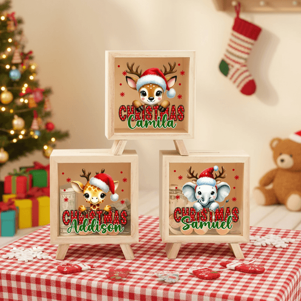 Personalizzato Natale cappello Babbo Natale carino animale legno chiaro salvadanaio con nome Desk Decor regalo di Natale per bambini