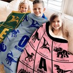 Personalized Nine-Pattern Grid Dinosaur Soft Throw Blanket with Name and Initial Home Decor Birthday Gift for Dinosaur Lover Kid