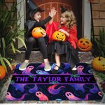 Personalized Spooky Neon Spider Web Ghost Pumpkin Lantern Doormat with Text Home Decor Halloween Gift for Family Friends