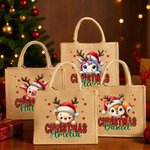 Personalised Christmas Santa Hat Cute Animal Large Jute Tote Bag with Name Daily Use Christmas Party Gift for Family Friends
