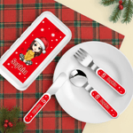 Personalized Cartoon Characters Safe Stainless Steel Kid's Fork Spoon Knife 3 Pcs Cutlery Set with Case Name and Initial Christmas Gift for Kids