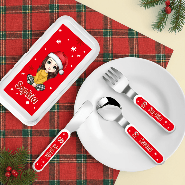 Personalised Cartoon Characters Safe Stainless Steel Kid's Fork Spoon Knife 3 Pcs Cutlery Set with Case Name and Initial Christmas Gift for Kids