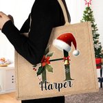Henkilökohtainen Holly Santa Hat Initial Jute Kangaskassi nimi päivittäiseen käyttöön joululahja perheelle ystävät