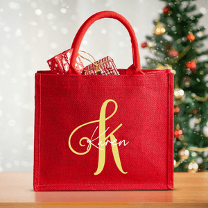 Personalised Artistic Initial Large Red Jute Tote Bag with Name Daily Use Christmas Gift for Family Friends