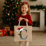Henkilökohtainen Holly Santa Hat Initial Jute Kangaskassi nimi päivittäiseen käyttöön joululahja perheelle ystävät