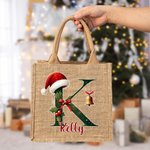 Henkilökohtainen Holly Santa Hat Initial Jute Kangaskassi nimi päivittäiseen käyttöön joululahja perheelle ystävät