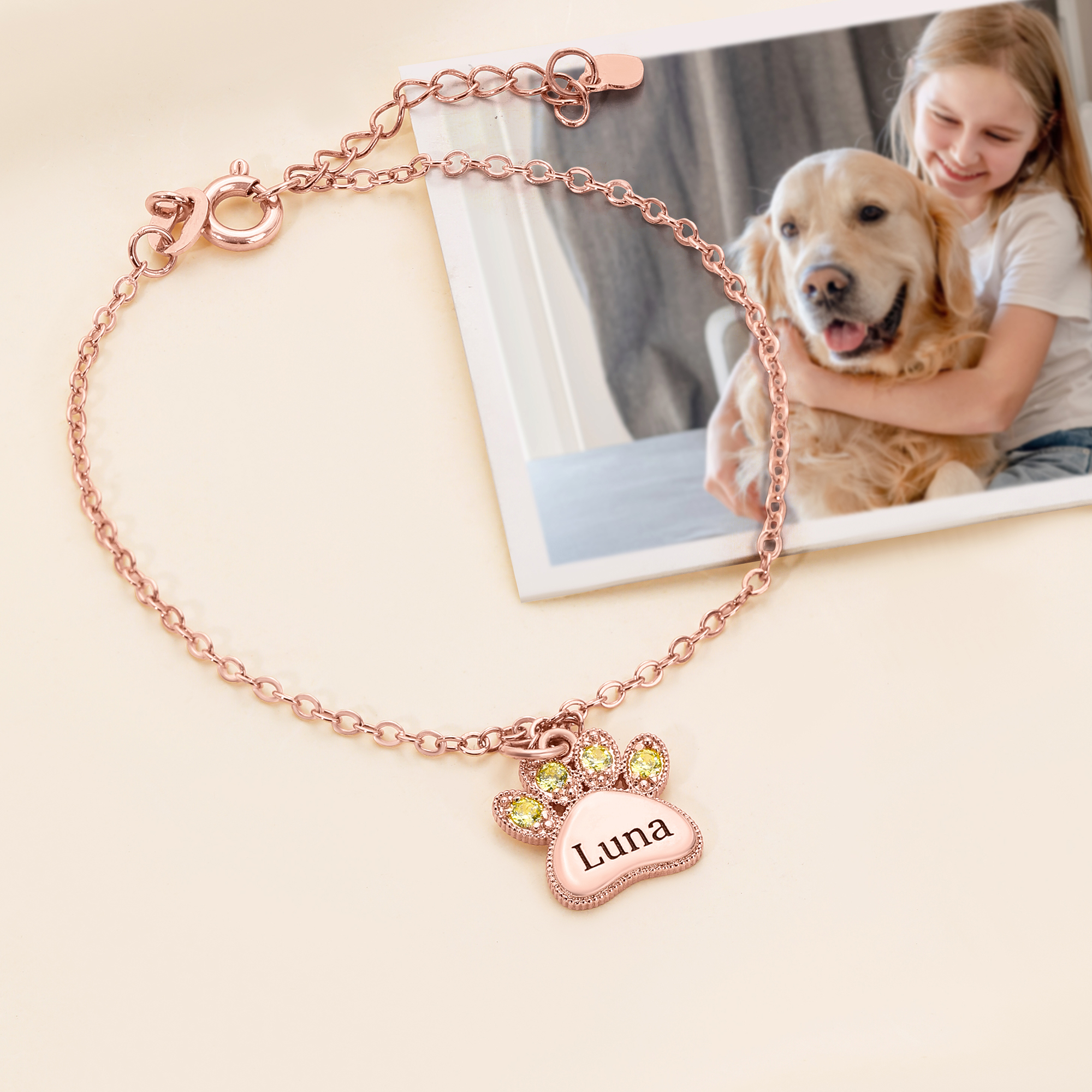 Bracelet personnalisé en pierre de naissance avec nom gravé Bijoux exquis Cadeau d'anniversaire et de Noël pour les amoureux des animaux de compagnie