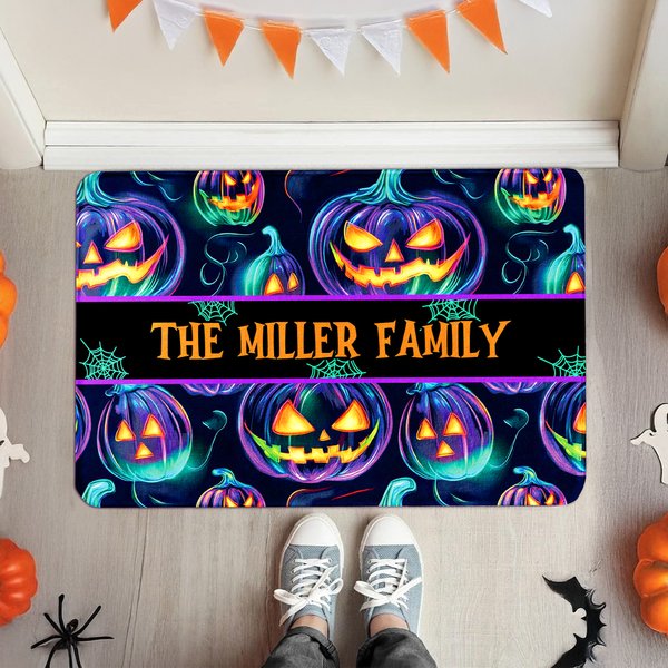 Personalised Spooky Neon Spider Web Ghost Pumpkin Lantern Doormat with Text Home Decor Halloween Gift for Family Friends