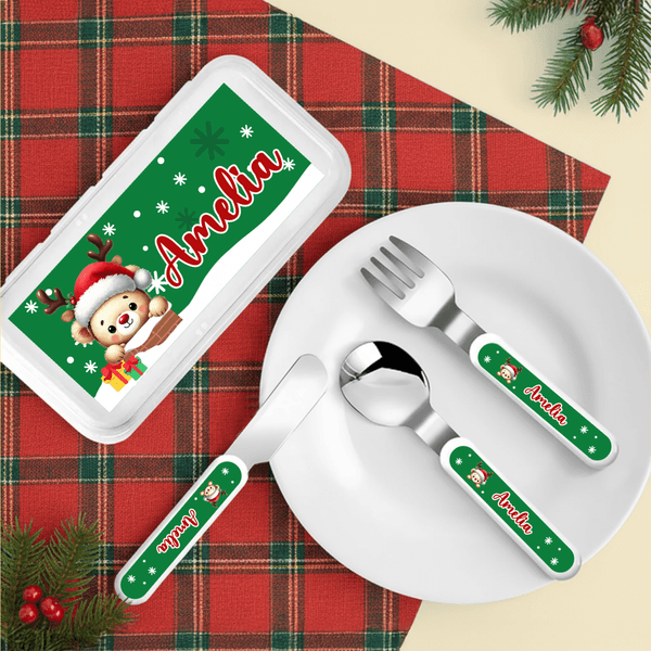 Henkilökohtainen Cartoon Animal Snowflake Santa Hat Food-Grade Kid's Fork Spoon Knife 3 Pcs ruokailuvälinesarja nimellä Joulujuhla lahja lapsille