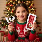 Henkilökohtainen Cartoon Animal Snowflake Santa Hat Food-Grade Kid's Fork Spoon Knife 3 Pcs ruokailuvälinesarja nimellä Joulujuhla lahja lapsille