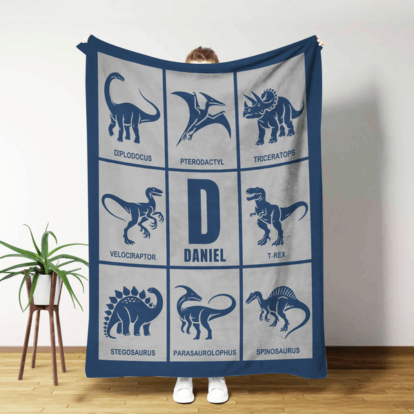 Personalized Nine-Pattern Grid Dinosaur Soft Throw Blanket with Name and Initial Home Decor Birthday Gift for Dinosaur Lover Kid