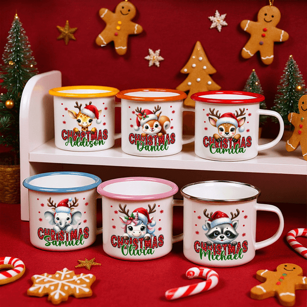 Personalised Christmas Santa Hat Cute Animal 11 oz Multicolour Enamel Mug with Name Christmas Gift for Kids