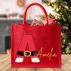 Personalised Santa Claus Reusable Red Jute Tote Gift Bag with Initial and Name Christmas Party Gift for Family Kids