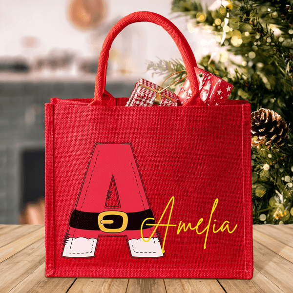Personalised Santa Claus Reusable Red Jute Tote Gift Bag with Initial and Name Christmas Party Gift for Family Kids