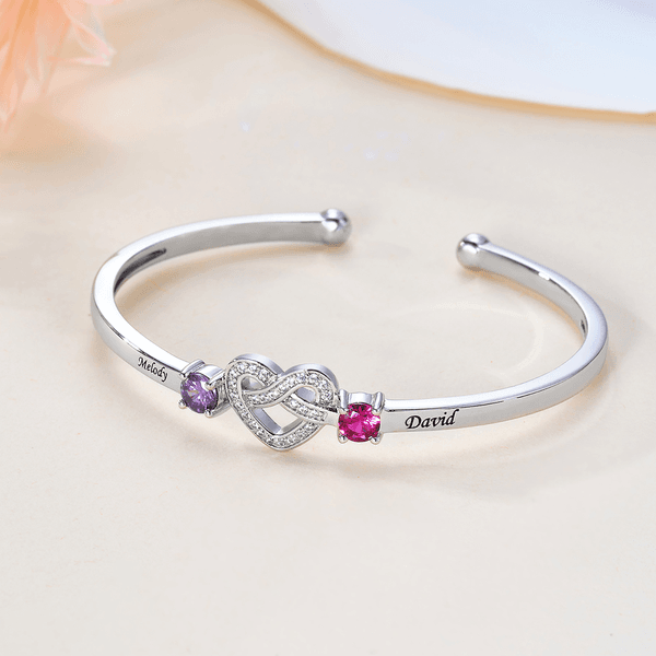 Personalized Love Knot Birthstones Cuff Bracelet with Engraved Name Birthday Anniversary Valentine's Day Gift for Women