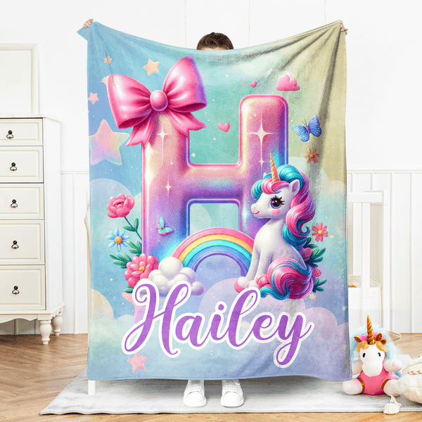 Personalized Fantasy Unicorn Rainbow Soft Throw Blanket with Name Nursery Decor Birthday Baby Shower Gift for Kids Unicorn Lovers