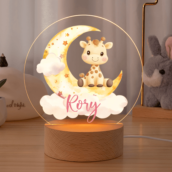 Henkilökohtainen söpö Marine Jungle Animals akryyli LED yövalo nimi ja puinen pohja Nursery Decor syntymäpäivälahja pojille tytöille