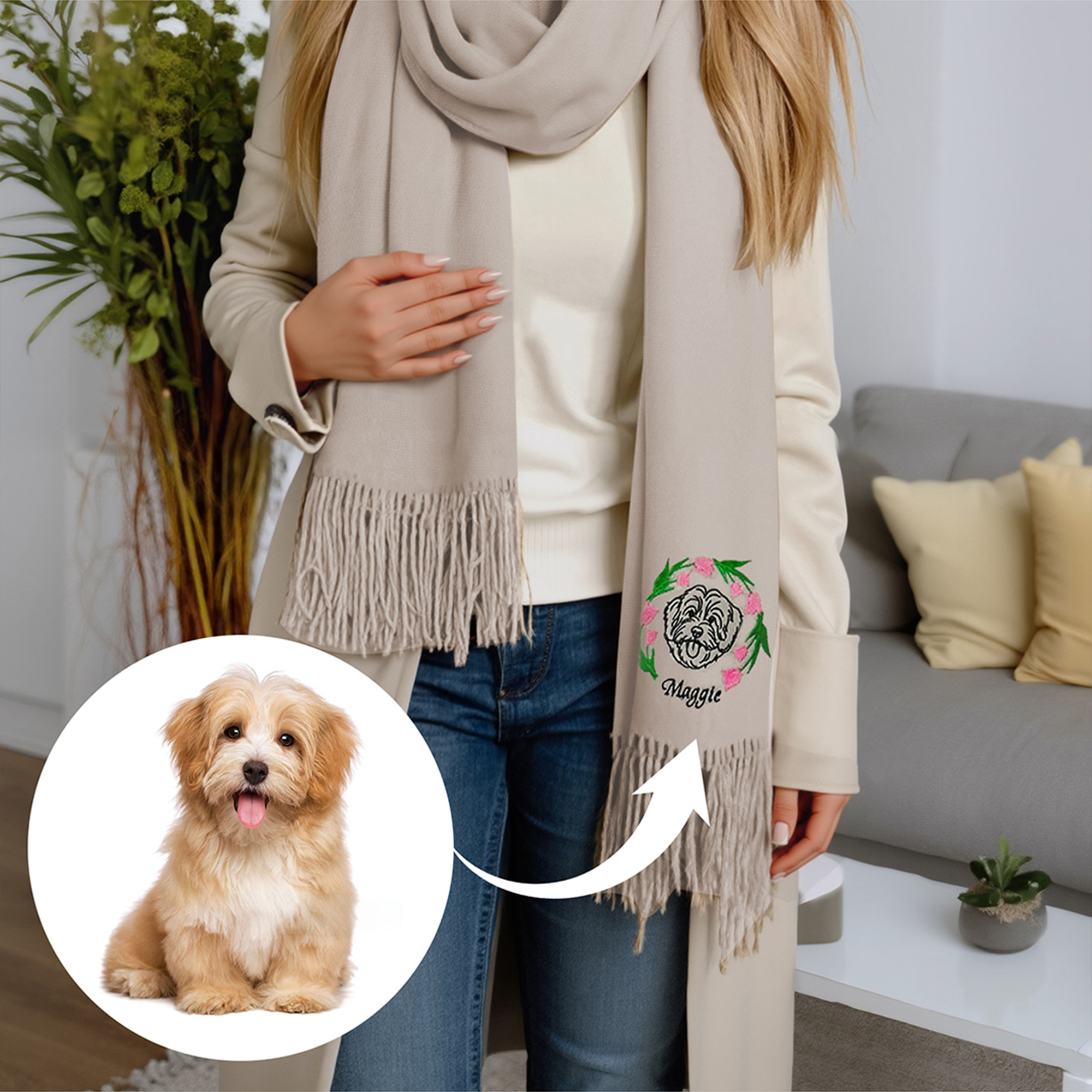 Echarpe brodée personnalisée avec nom et photo de l'animal de compagnie Avatar Fleur de naissance Accessoire chaud Anniversaire Anniversaire Cadeau de Noël pour les amoureux des animaux de compagnie