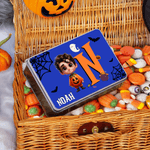 Personalized Halloween 3D Cartoon Character Multicolor Biscuit Storage Tin with Initial and Name Trick or Treat Halloween Party Gift for Boys Girls