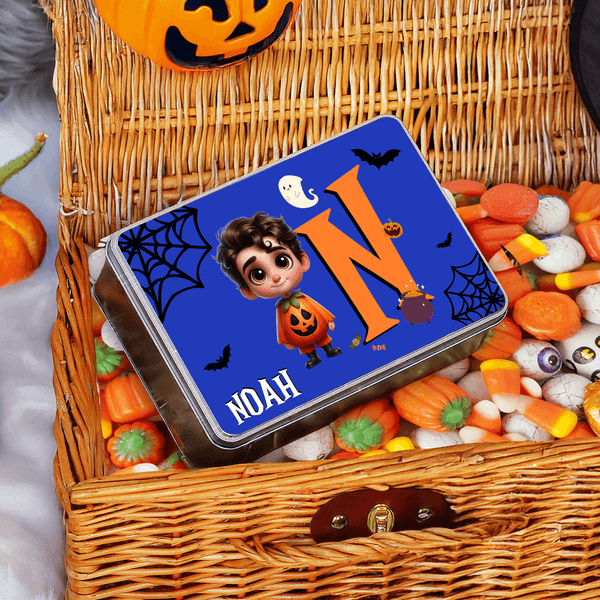 Halloween Personalizado 3D Cartoon Character Multicolor Biscuit Storage Tin with Initial and Name Trick or Treat Halloween Party Gift for Boys Girls