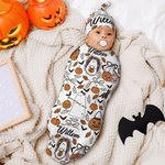 Gepersonaliseerde Spook Pompoen Zachte Deken Baby Inbakerdoek en Knoopmuts Set met Naam Halloween Cadeaus voor Familie Nieuwe Ouders